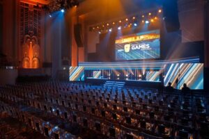 Bafta Awards logo lights up a LED screen on stage